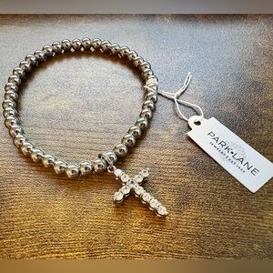 Park Lane Eden Bracelet Silver Beads Cubic Zirconia Cross Stretch to Fit NWT